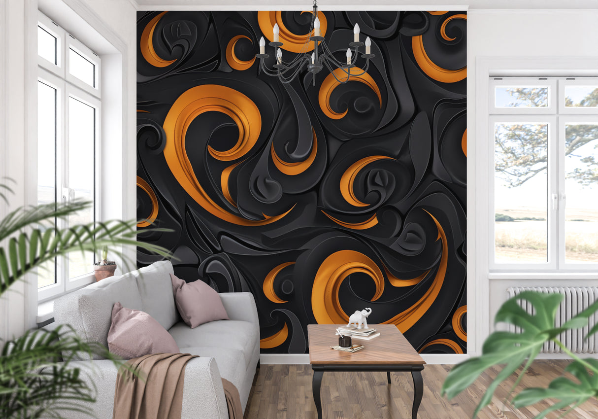 Contemporary dining room with dramatic Abstract Wall Mural showing orange and black geometric patterns