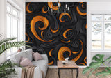 Contemporary dining room with dramatic Abstract Wall Mural showing orange and black geometric patterns
