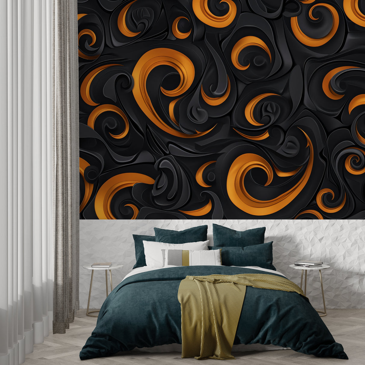 Restaurant interior showcasing Abstract 3D Swirls Mural in warm lighting