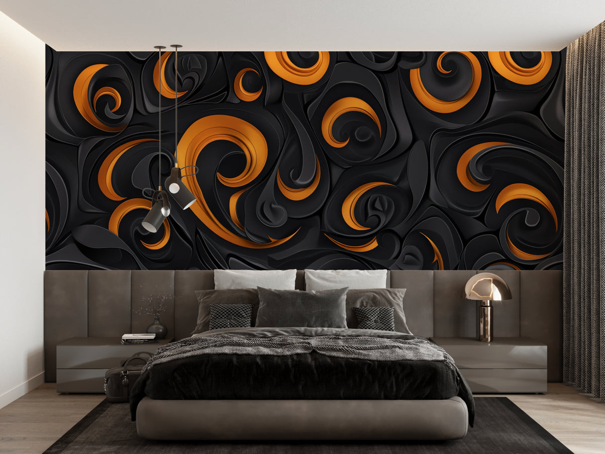 Art gallery entrance with Abstract Black and Orange Wallpaper making a statement