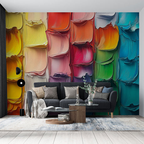 Abstract 3D textured wallpaper creating dramatic effect in modern living room with floor-to-ceiling windows