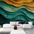 Modern living room featuring 3D wave wallpaper in green and gold tones, creating depth and movement against contemporary furniture
