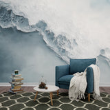 Abstract glacier wallpaper creating a modern Nordic feel in a minimalist living room with white furniture and natural light