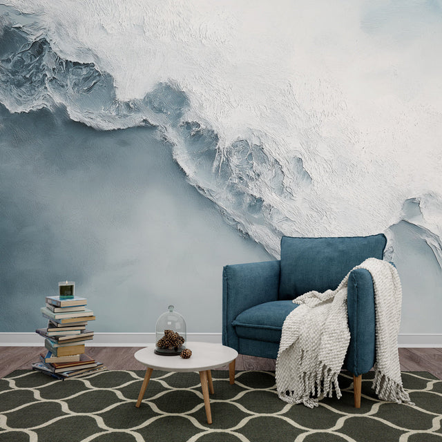 Abstract glacier wallpaper creating a modern Nordic feel in a minimalist living room with white furniture and natural light