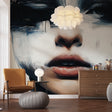 Abstract portrait wallpaper creating dramatic impact in modern living room with minimalist furniture