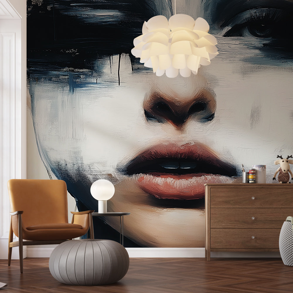 Abstract portrait wallpaper creating dramatic impact in modern living room with minimalist furniture