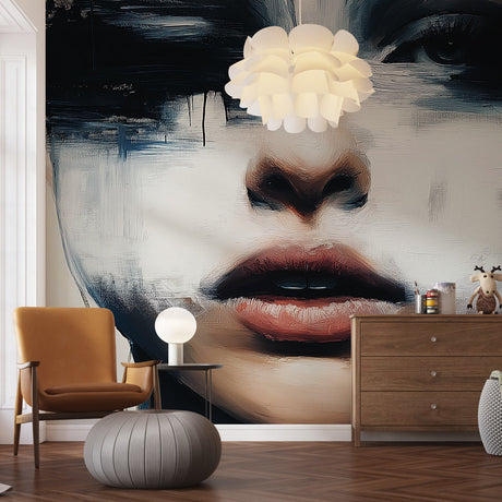 Abstract portrait wallpaper creating dramatic impact in modern living room with minimalist furniture