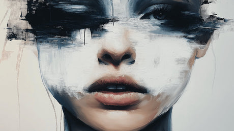 Black and white abstract portrait design file showing intricate brushwork details and artistic composition