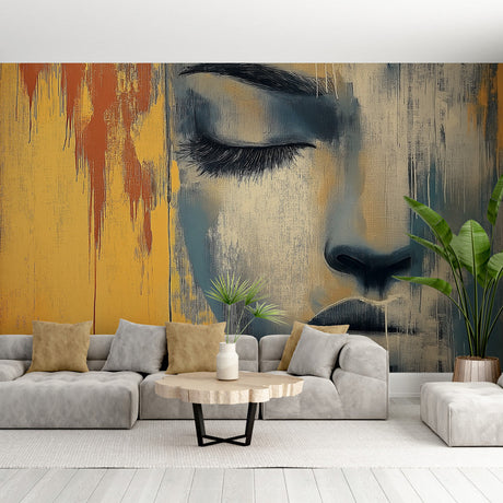 Abstract face wallpaper mural bringing artistic charm to a modern living room with minimalist furniture