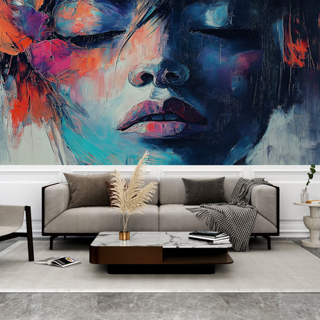Modern abstract portrait mural wallpaper styled in a minimalist living room, blue and orange tones creating depth