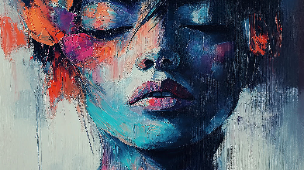 Abstract portrait wallpaper design file showing detailed blue and orange brushstrokes pattern