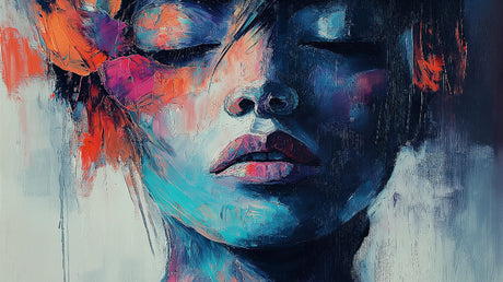 Abstract portrait wallpaper design file showing detailed blue and orange brushstrokes pattern