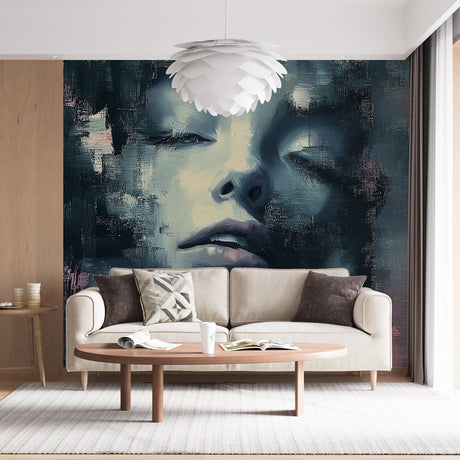Abstract portrait wallpaper creating a stunning focal point in a modern living room with teal and cream accents