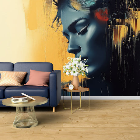 Abstract portrait wallpaper with blue and gold tones creating drama in a modern living room setting