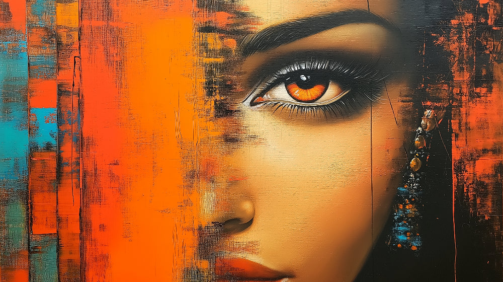 Abstract portrait wallpaper displayed in a modern living room, orange and turquoise tones creating depth against white furniture