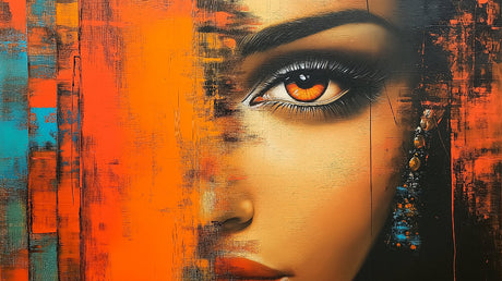 Abstract portrait wallpaper displayed in a modern living room, orange and turquoise tones creating depth against white furniture