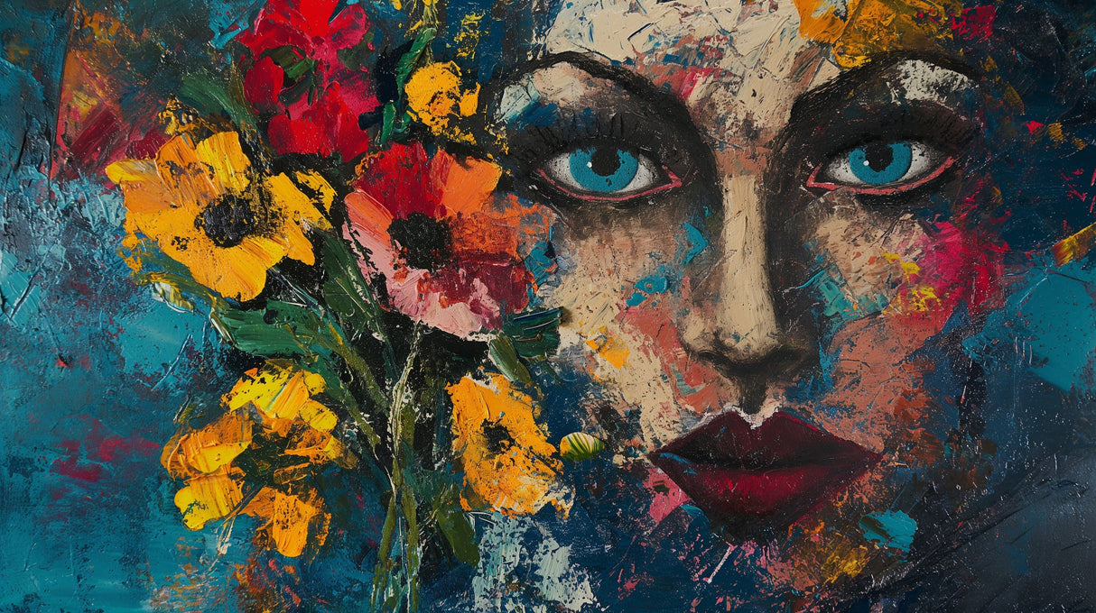 Abstract Portrait Wallpaper with sunflowers displayed in a modern living room, creating an artistic focal point