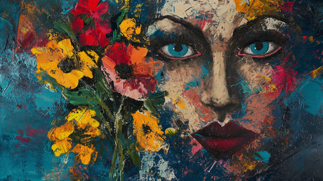 Abstract Portrait Wallpaper with sunflowers displayed in a modern living room, creating an artistic focal point
