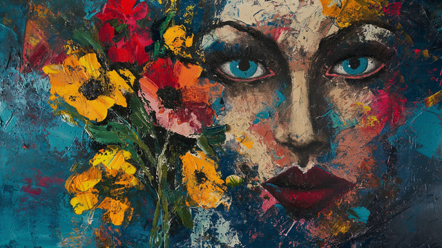 Abstract Portrait Wallpaper with sunflowers displayed in a modern living room, creating an artistic focal point