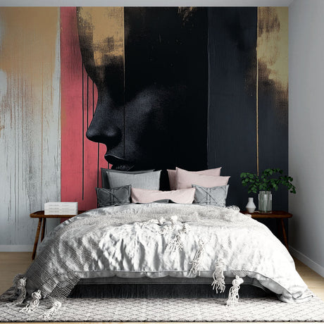 Abstract art wallpaper with dripping effect shown in modern living room, creating dramatic focal point with gold and black tones