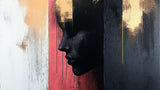 Abstract art wallpaper design file showing artistic profile with dripping paint effect in coral-red, gold, and black