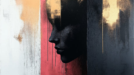 Abstract art wallpaper design file showing artistic profile with dripping paint effect in coral-red, gold, and black