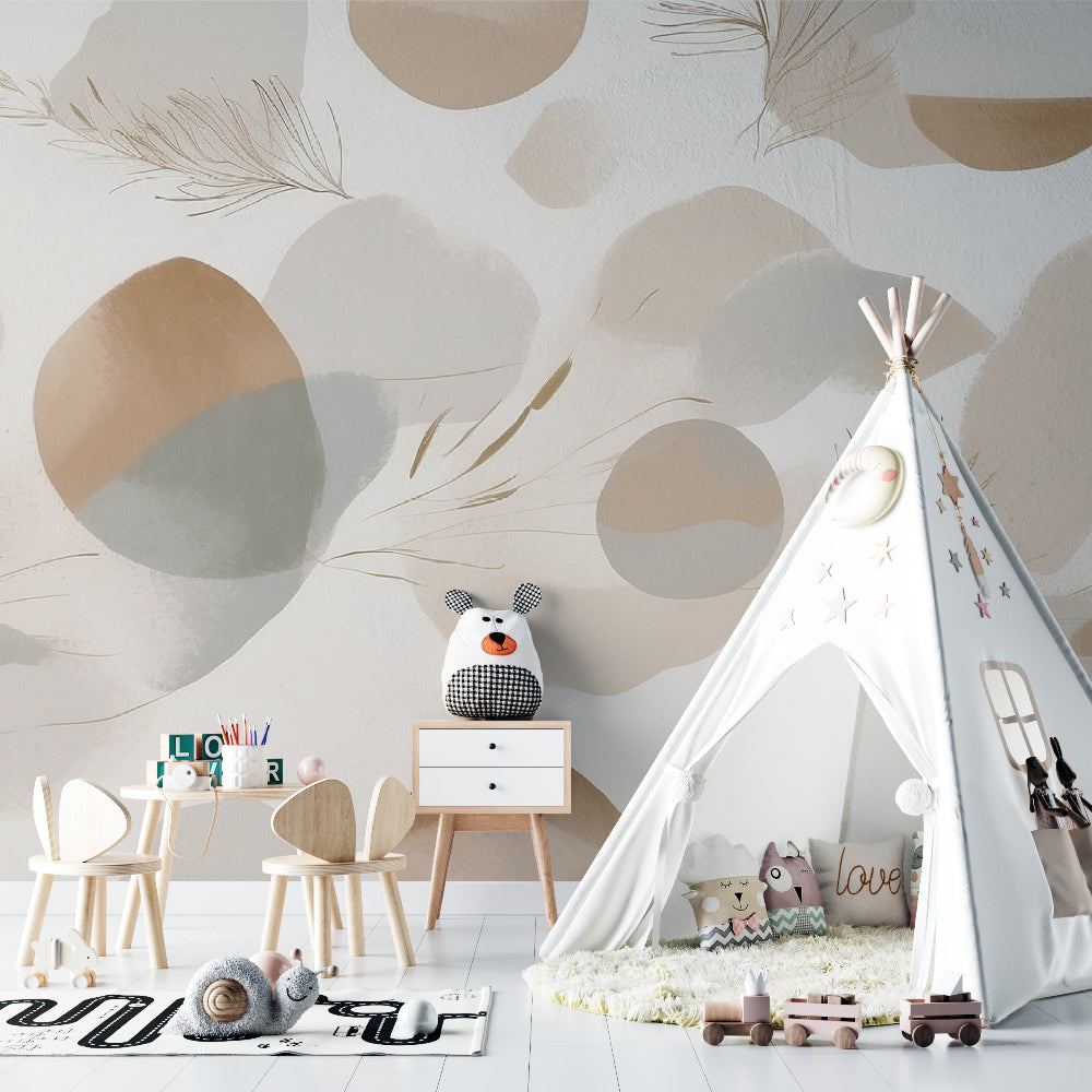Bedroom wall decorated with soft beige abstract wallpaper showing delicate feather and circle motifs