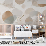Dining room showcasing contemporary beige wallpaper with abstract circle and feather design