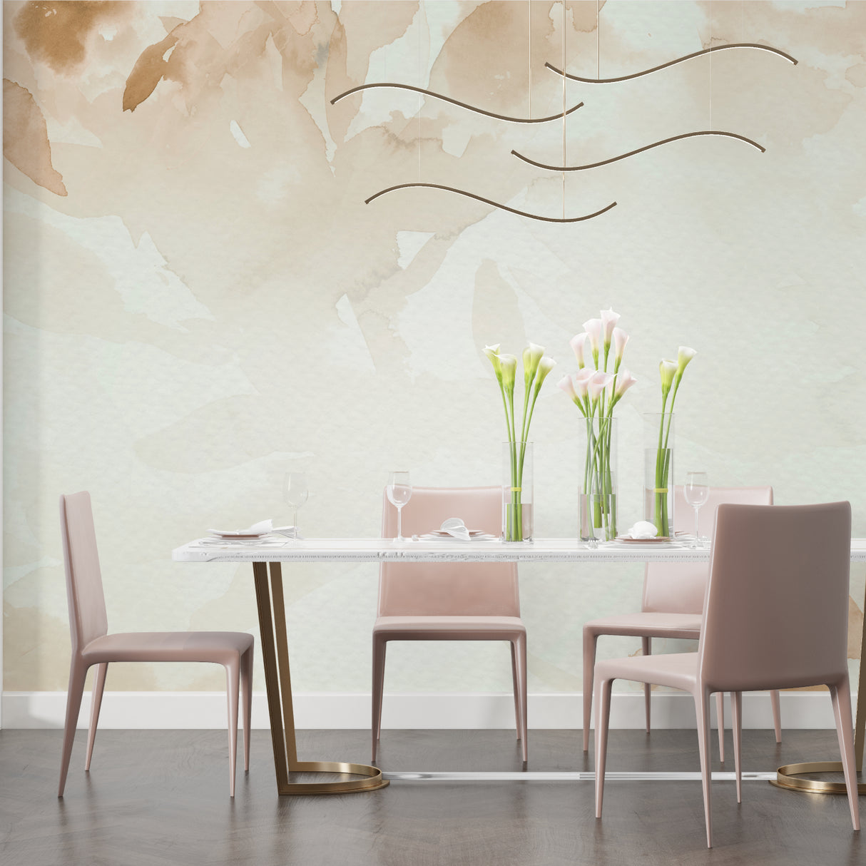 Watercolor leaf wallpaper bringing warmth to a master bedroom