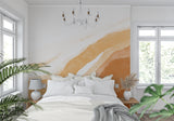 Abstract beige wallpaper in dining room with warm natural lighting