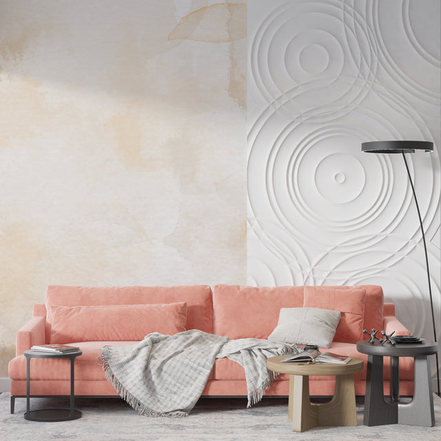 Abstract beige watercolor wallpaper with 3D circles creating depth in a modern living room setting