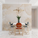 Contemporary 3D circles wallpaper in neutral tones styled in a home office space
