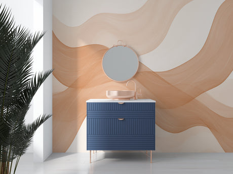 Abstract wave wallpaper creating a serene atmosphere in a modern living room with beige and cream tones