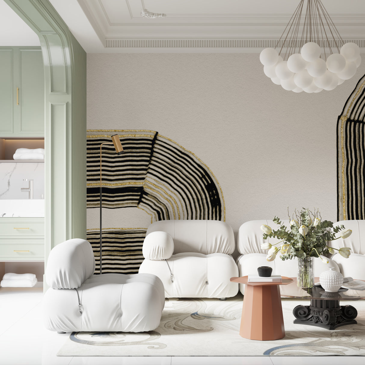 Black and gold abstract wallpaper making a statement in a luxury master bedroom