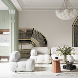 Black and gold abstract wallpaper making a statement in a luxury master bedroom