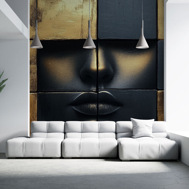 Black and gold abstract face mural wallpaper creating dramatic impact in modern living room with grey sofa and pendant lights