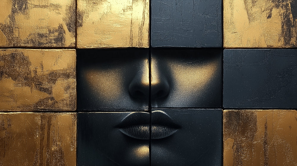 Black and gold abstract face design file showing detailed geometric pattern and metallic finish