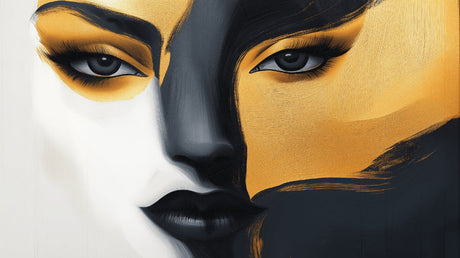 Black and gold abstract face portrait design file showing intricate artistic details and metallic accents