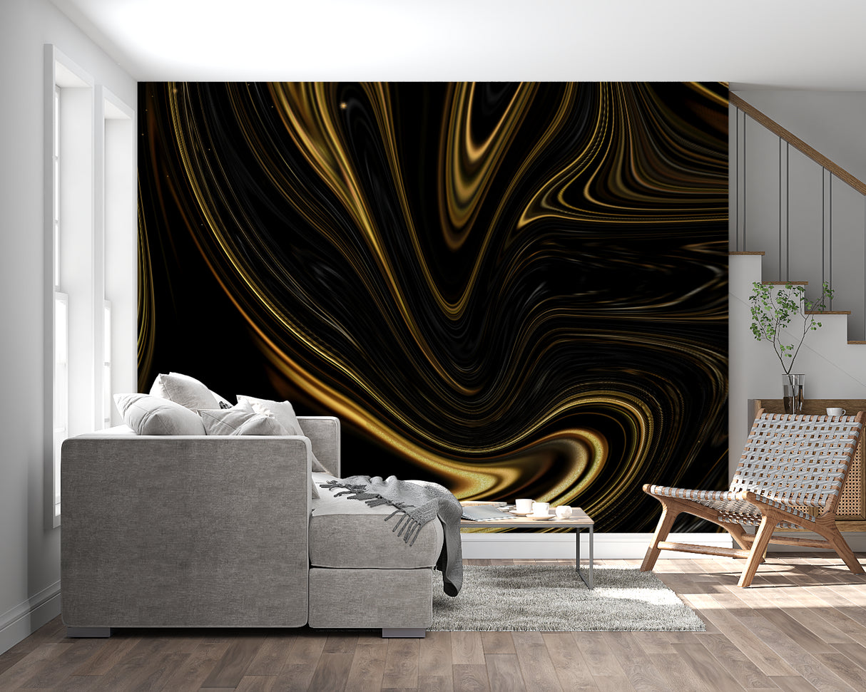 Home office space with black and gold abstract mural adding sophistication