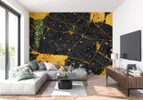 Black and gold galaxy wallpaper in modern living room creating dramatic atmosphere with pendant lighting