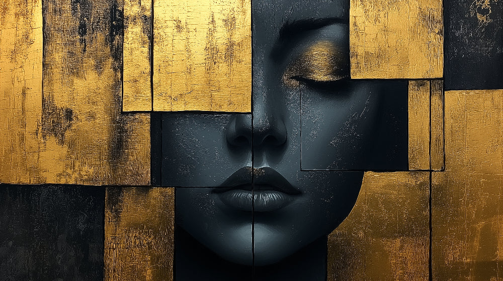 Abstract geometric face design file showing intricate black and gold pattern details