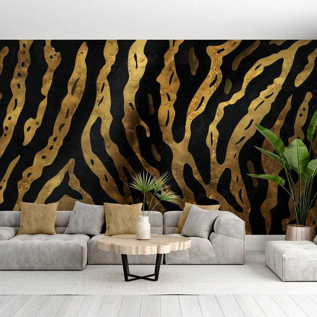 Black and gold abstract luxury wallpaper creating dramatic impact in a modern living room with high ceilings