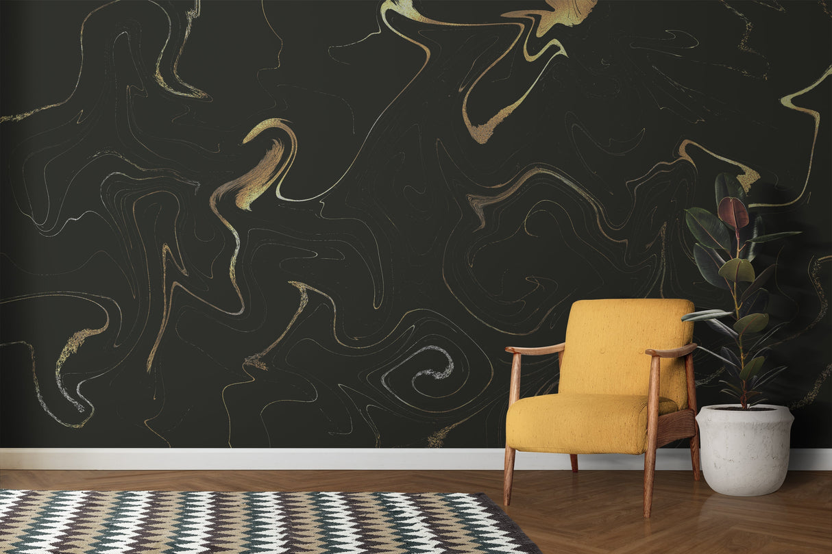 Marble effect wallpaper showcased in an elegant master bedroom with gold decor accents