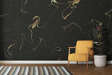 Marble effect wallpaper showcased in an elegant master bedroom with gold decor accents
