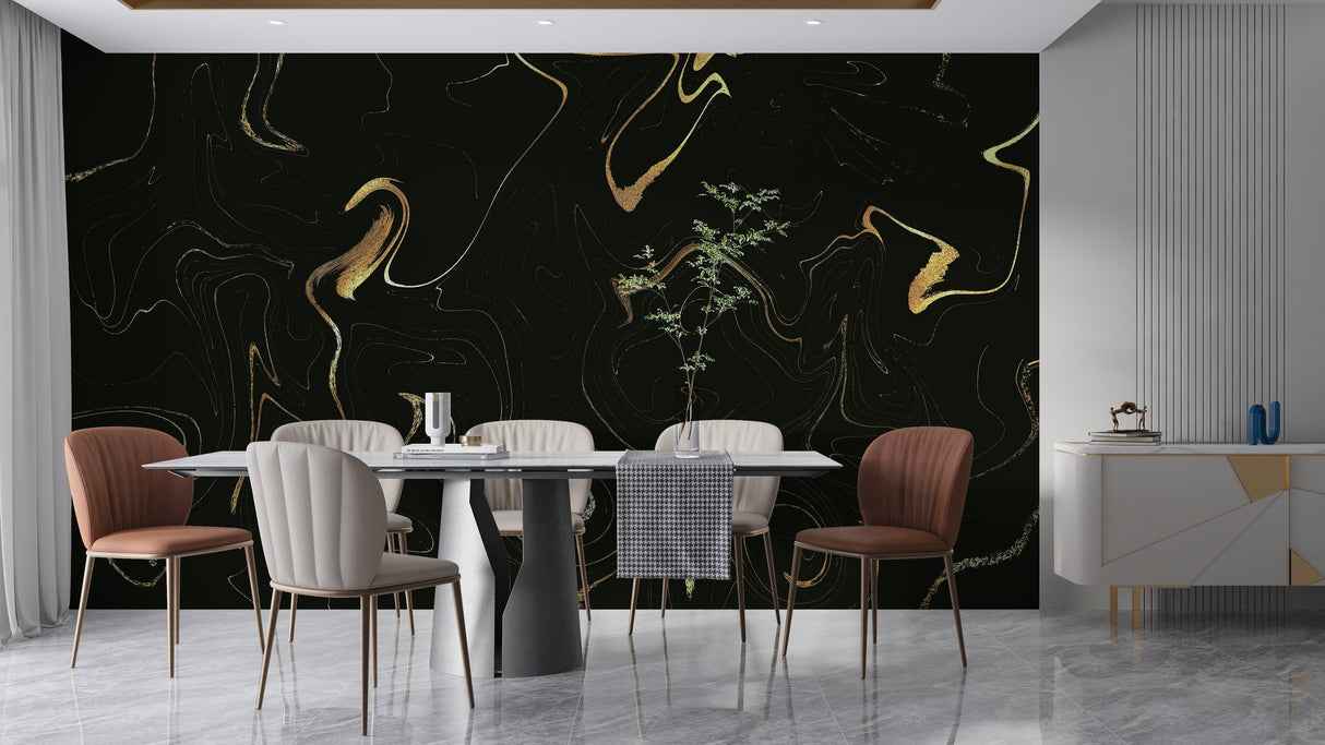 Abstract black and gold wall mural making a statement in a luxury dining room setting