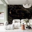 Black and gold marble wallpaper in modern living room with pendant lighting