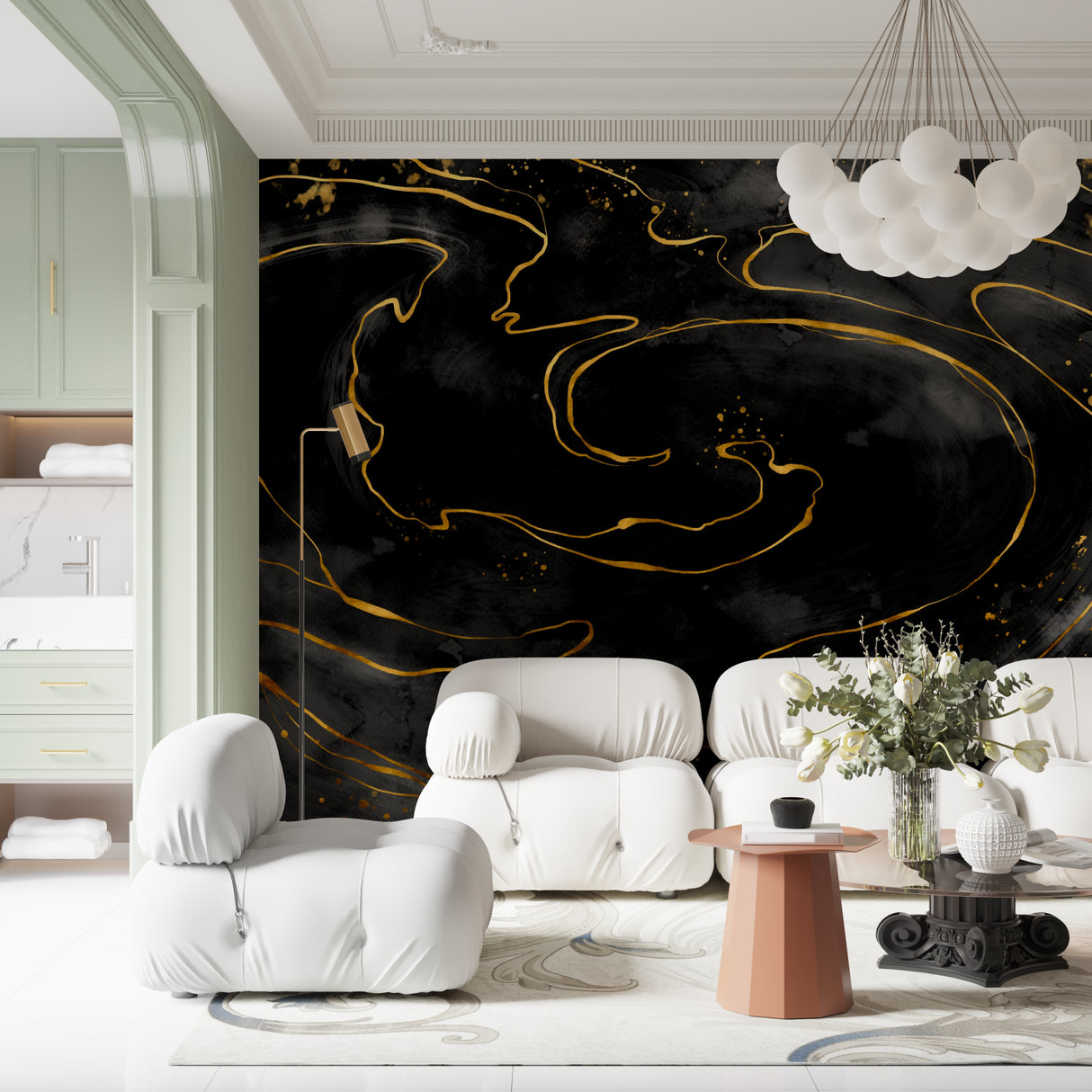 Black and gold marble wallpaper in modern living room with pendant lighting