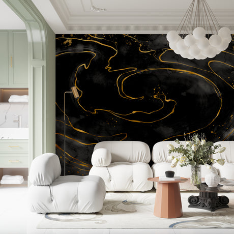 Black and gold marble wallpaper in modern living room with pendant lighting