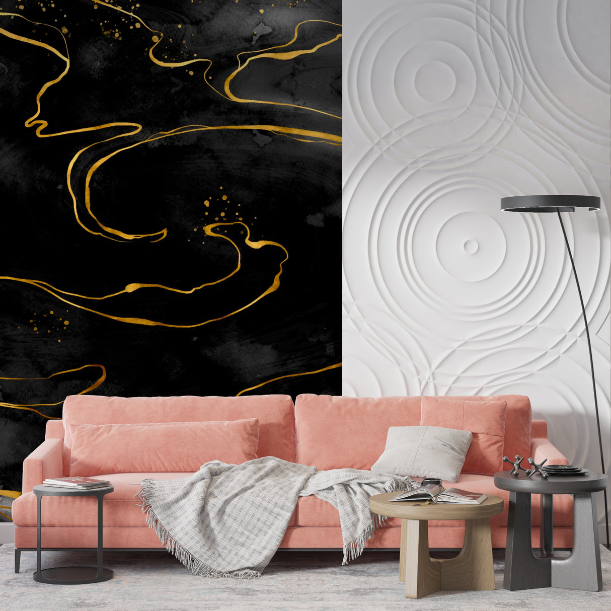 Luxury dining room featuring black and gold marble wall mural