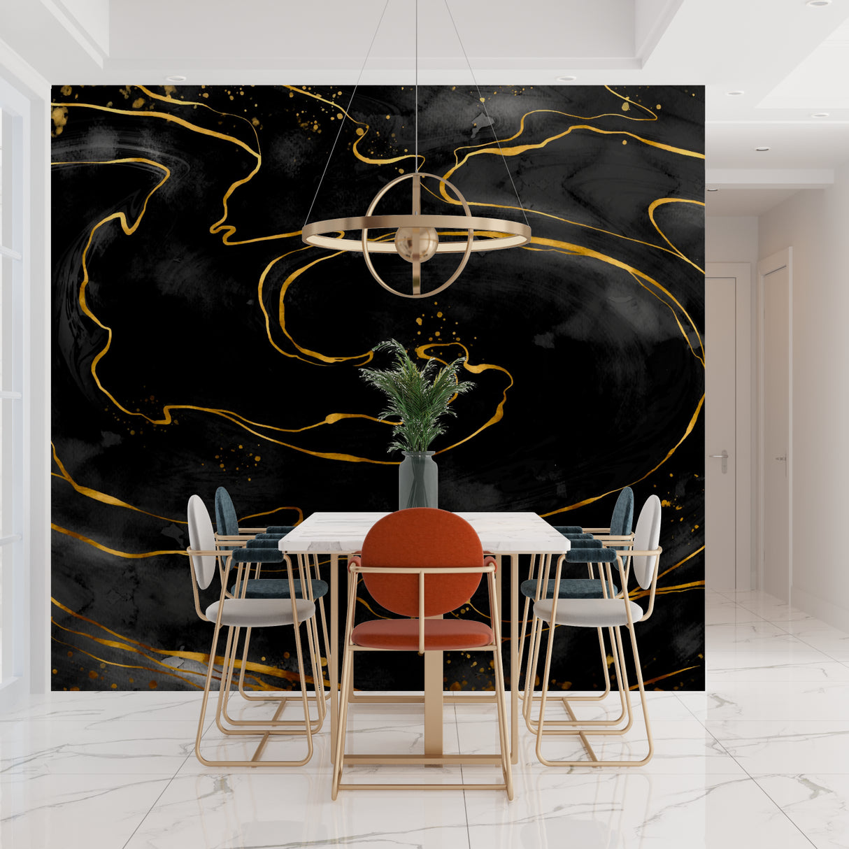 Master bedroom with black marble accent wall and gold details